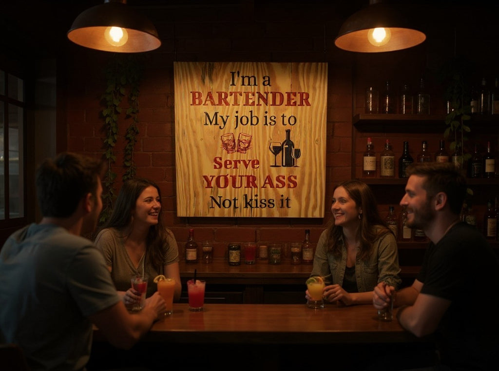 TK Wood Designs humorous wooden bartender wall sign with red text and drink illustrations in a home bar setting.