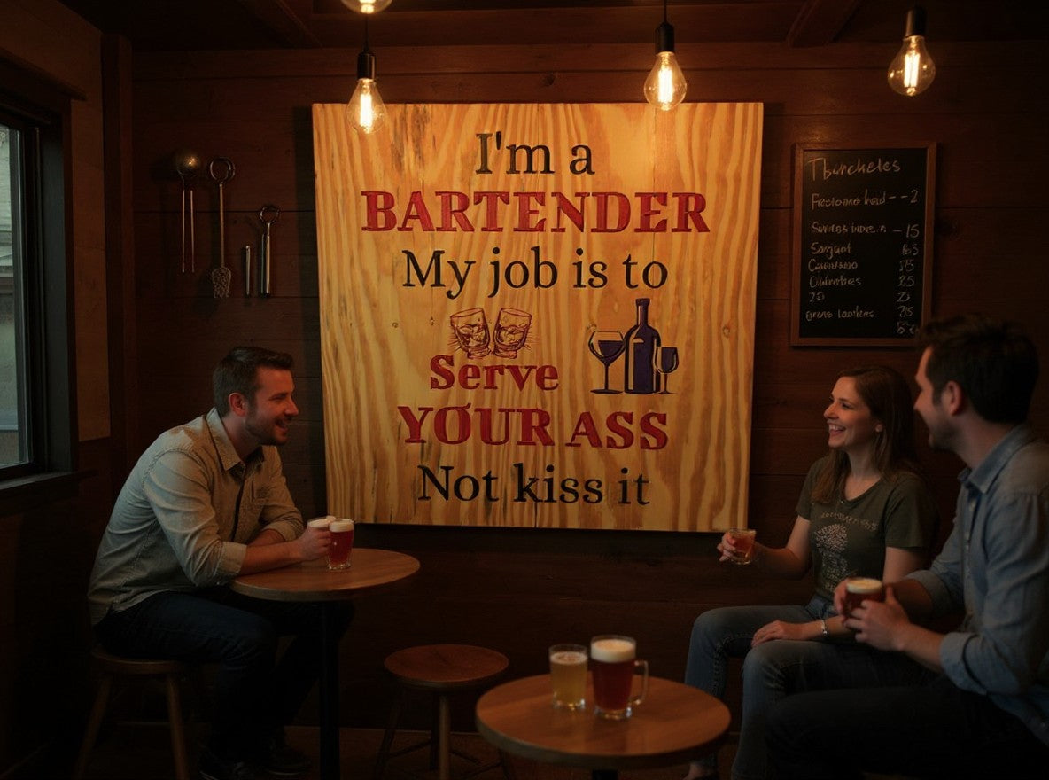 TK Wood Designs humorous wooden bartender wall sign with bold red lettering and drink illustrations in a home bar