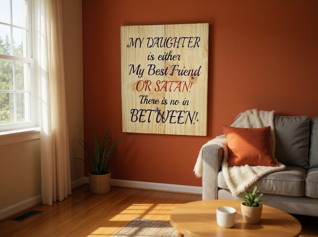 TK Wood Designs wooden wall sign with humorous daughter quote hanging on a rustic orange living room wall.