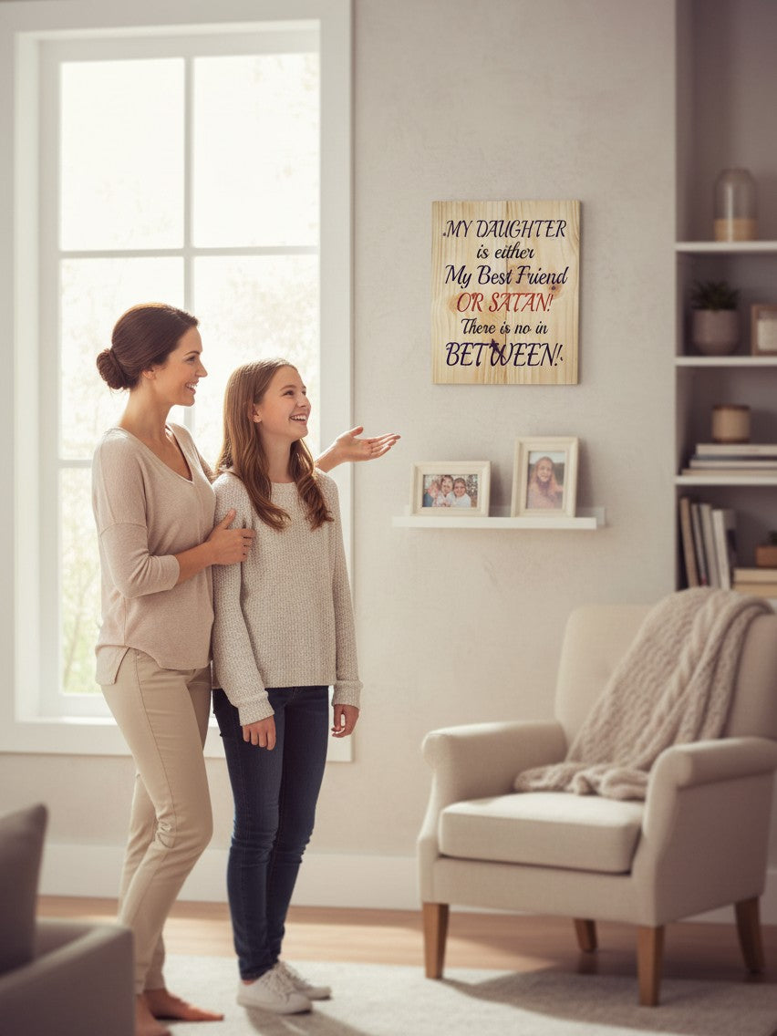 TK Wood Designs rustic wooden wall sign with humorous daughter quote hanging in a cozy living room with a mother and daughter.