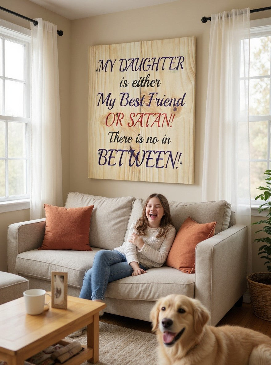 TK Wood Designs wooden wall sign with humorous daughter quote hanging above a sofa in a cozy living room