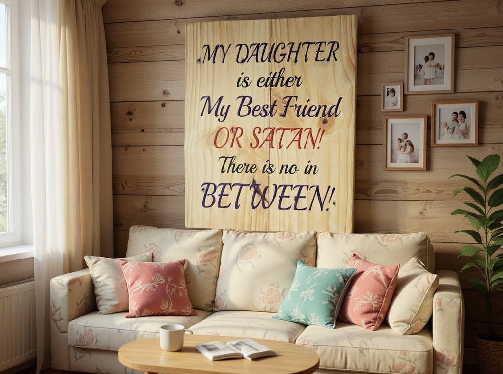 TK Wood Designs rustic wooden wall sign with humorous daughter quote in black and red lettering above a living room sofa