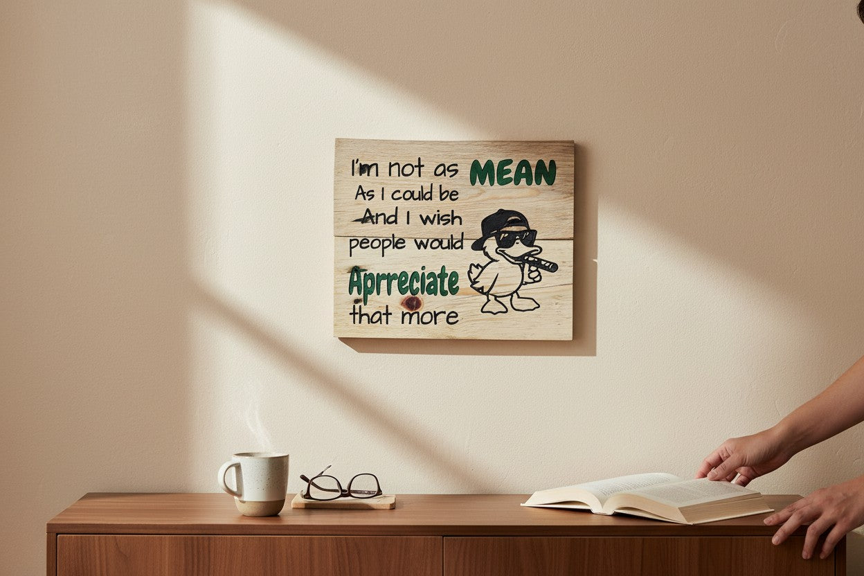 TK Wood Designs rustic wooden wall sign featuring a sarcastic duck with sunglasses and a funny quote.