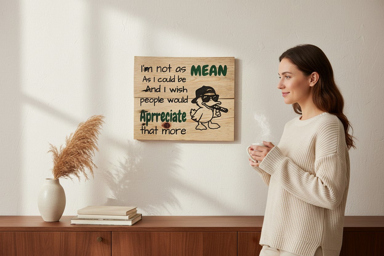 TK Wood Designs humorous wooden wall sign featuring a cool duck with sunglasses and a witty quote on a rustic board.