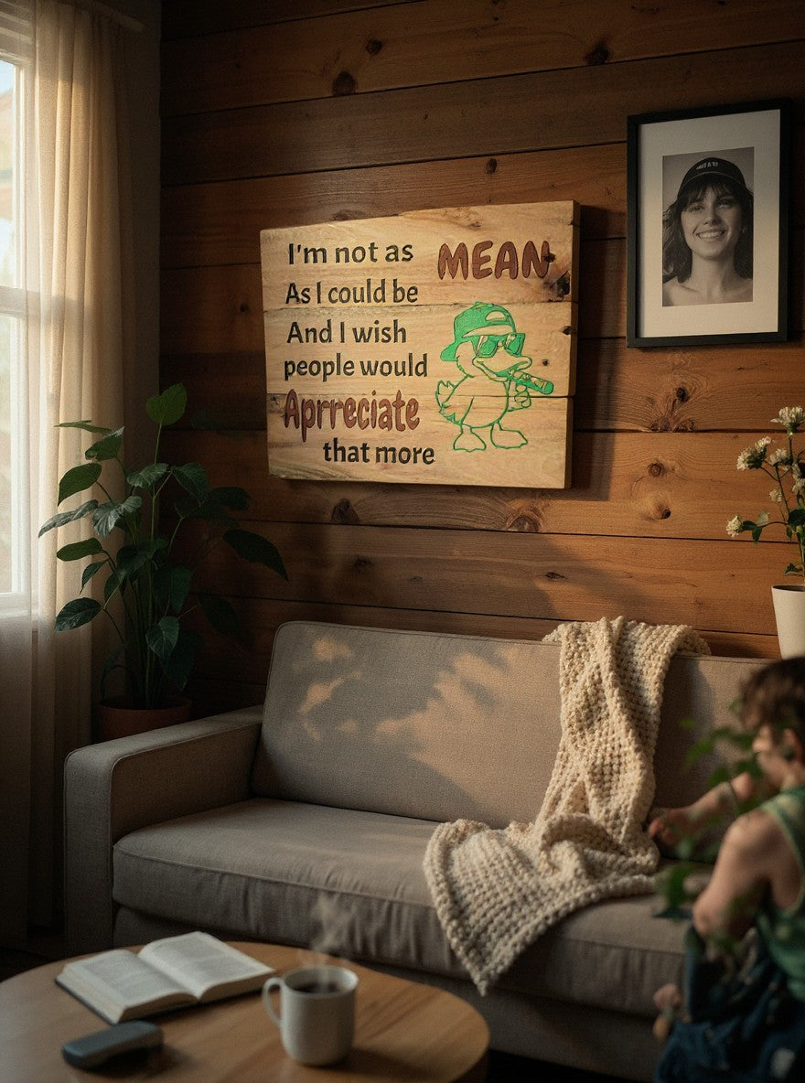 TK Wood Designs rustic wooden wall sign featuring a humorous duck graphic and sarcastic quote in a cozy living room.