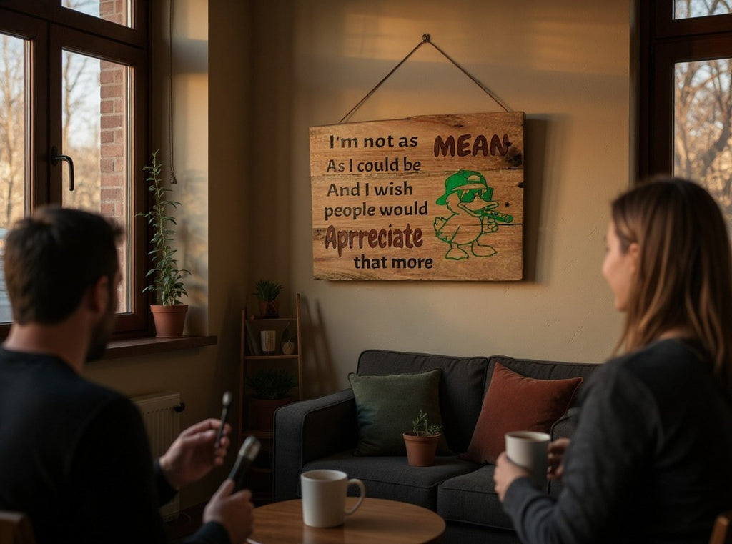 TK Wood Designs rustic wooden wall sign featuring a humorous duck quote and laser-engraved graphic hanging in a living room