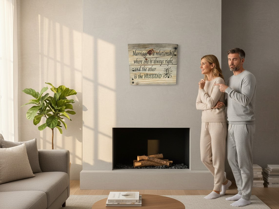 TK Wood Designs rustic wooden wall sign with humorous marriage quote hanging above a fireplace in a cozy living room.
