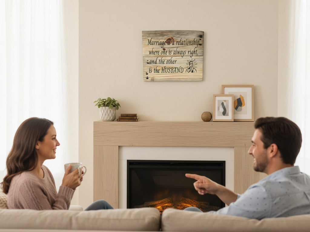 TK Wood Designs rustic wooden wall sign with humorous marriage quote hanging above a fireplace in a cozy living room.