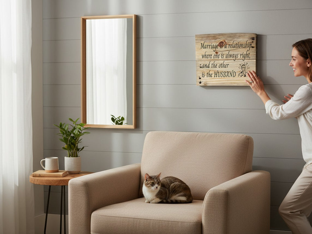 TK Wood Designs rustic wooden wall sign with humorous marriage quote hanging in a cozy living room with a cat nearby.