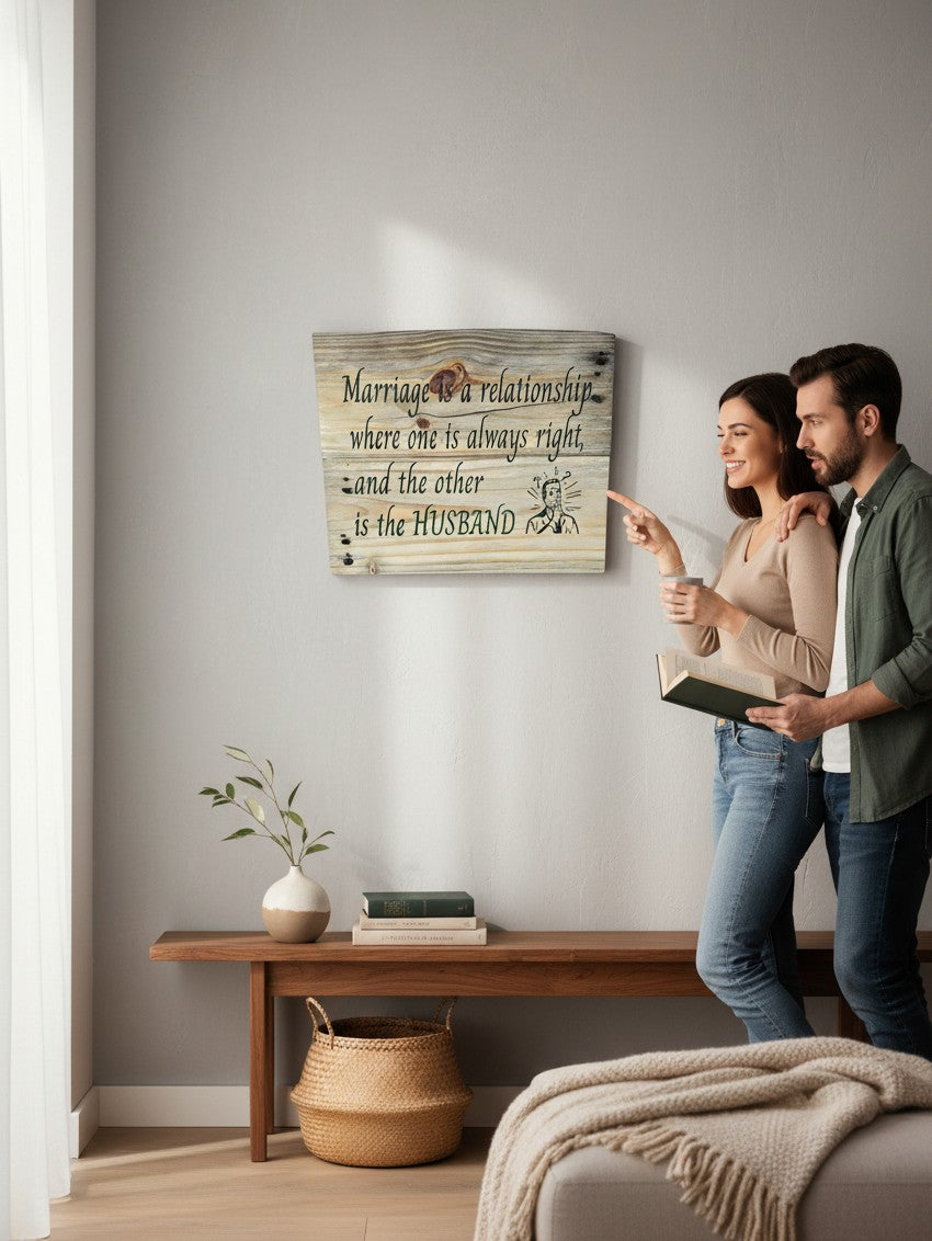 TK Wood Designs rustic wooden wall sign with humorous marriage quote hanging in a cozy living room with a couple.