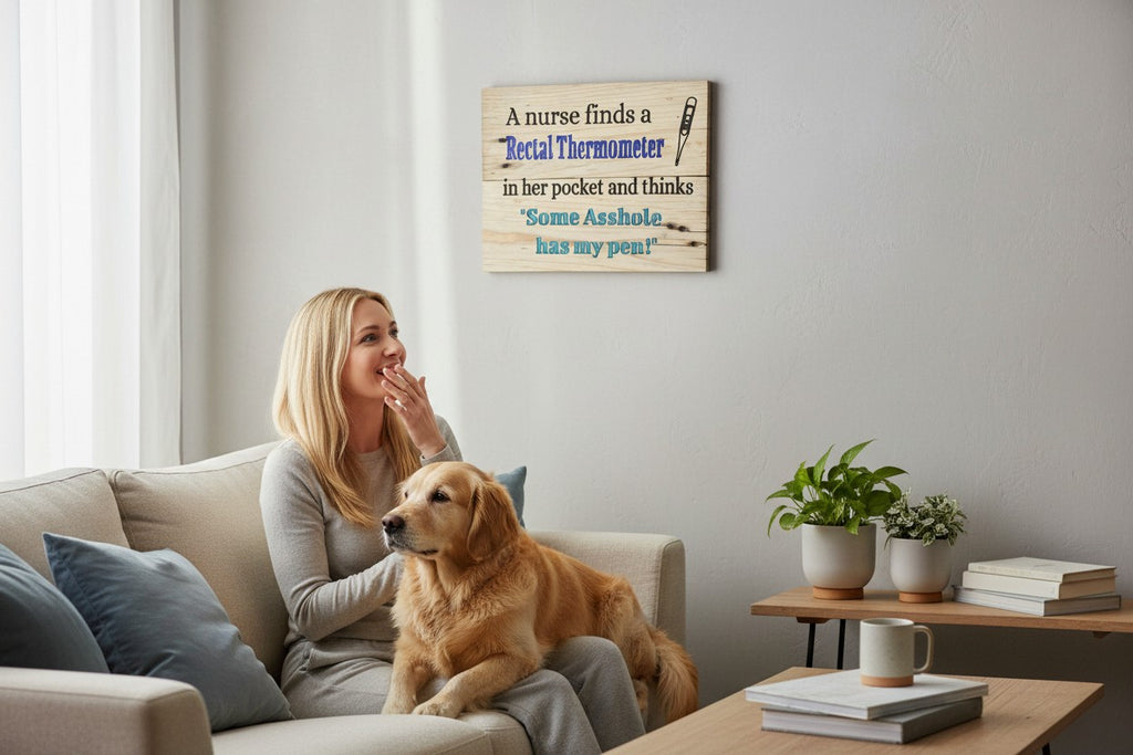TK Wood Designs humorous nurse wooden wall sign hanging above a woman and her dog on a couch.
