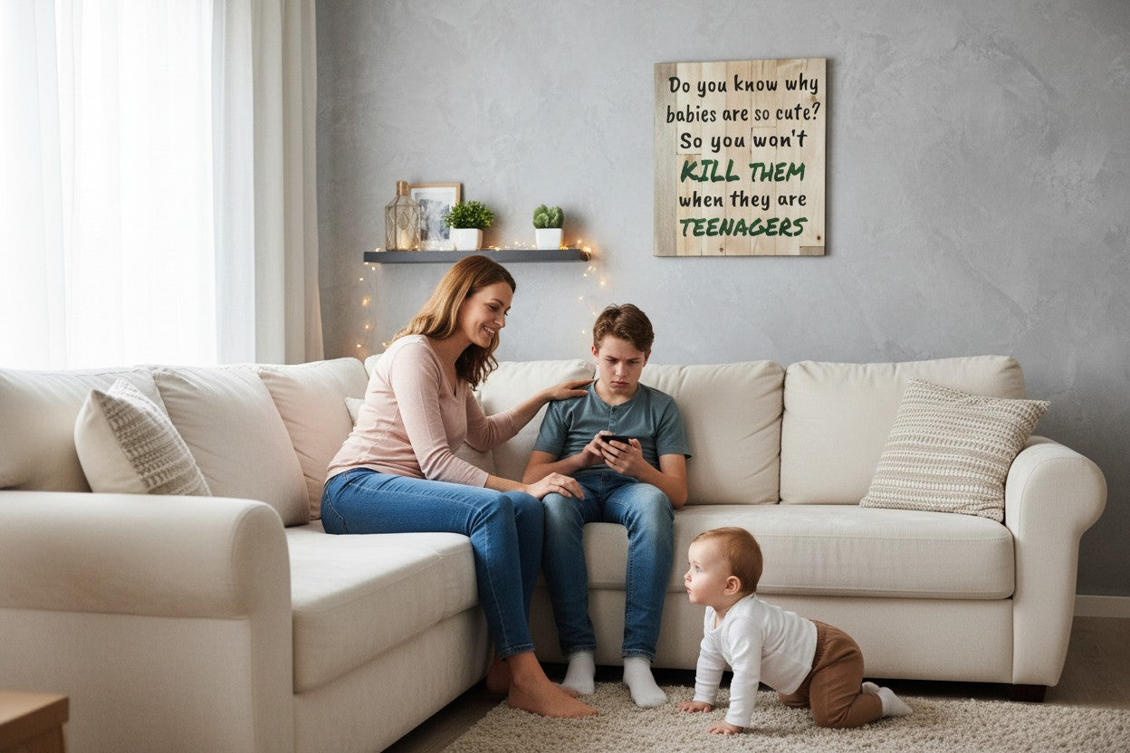 TK Wood Designs wooden sign with a humorous parenting quote about babies and teenagers. Natural wood plank design.