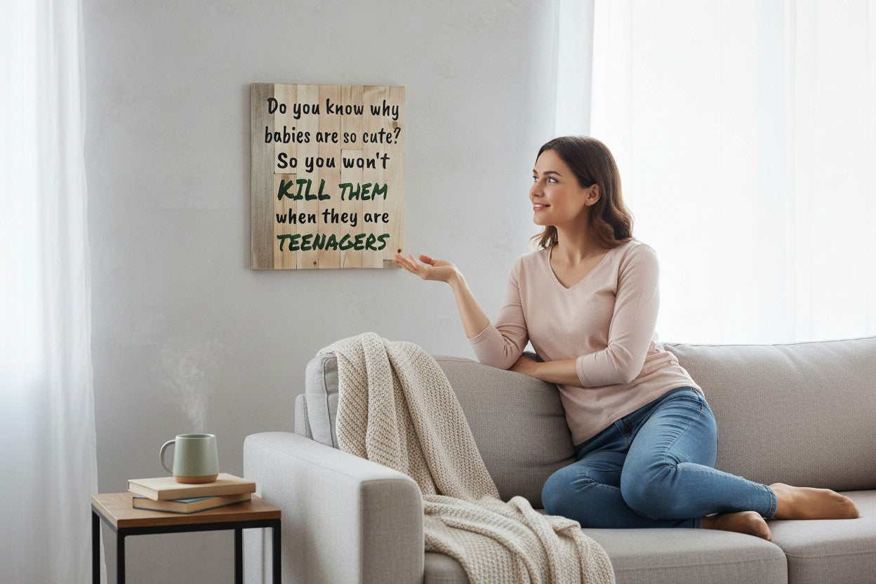 TK Wood Designs wooden sign with a humorous parenting quote about babies and teenagers. Natural wood plank design.