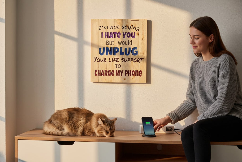 TK Wood Designs wooden sign with humorous quote about charging phone. Features text in purple, blue, and red.