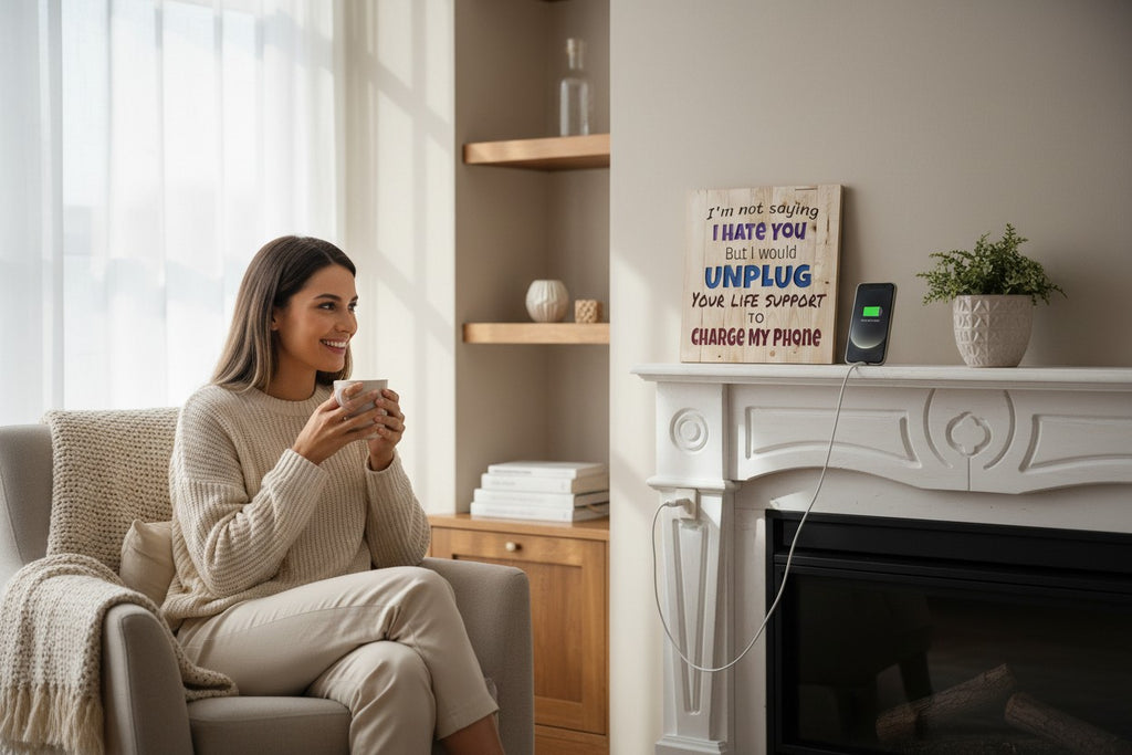 TK Wood Designs wooden sign with humorous quote about charging phone. "I hate you but I would unplug your life support to charge my phone."