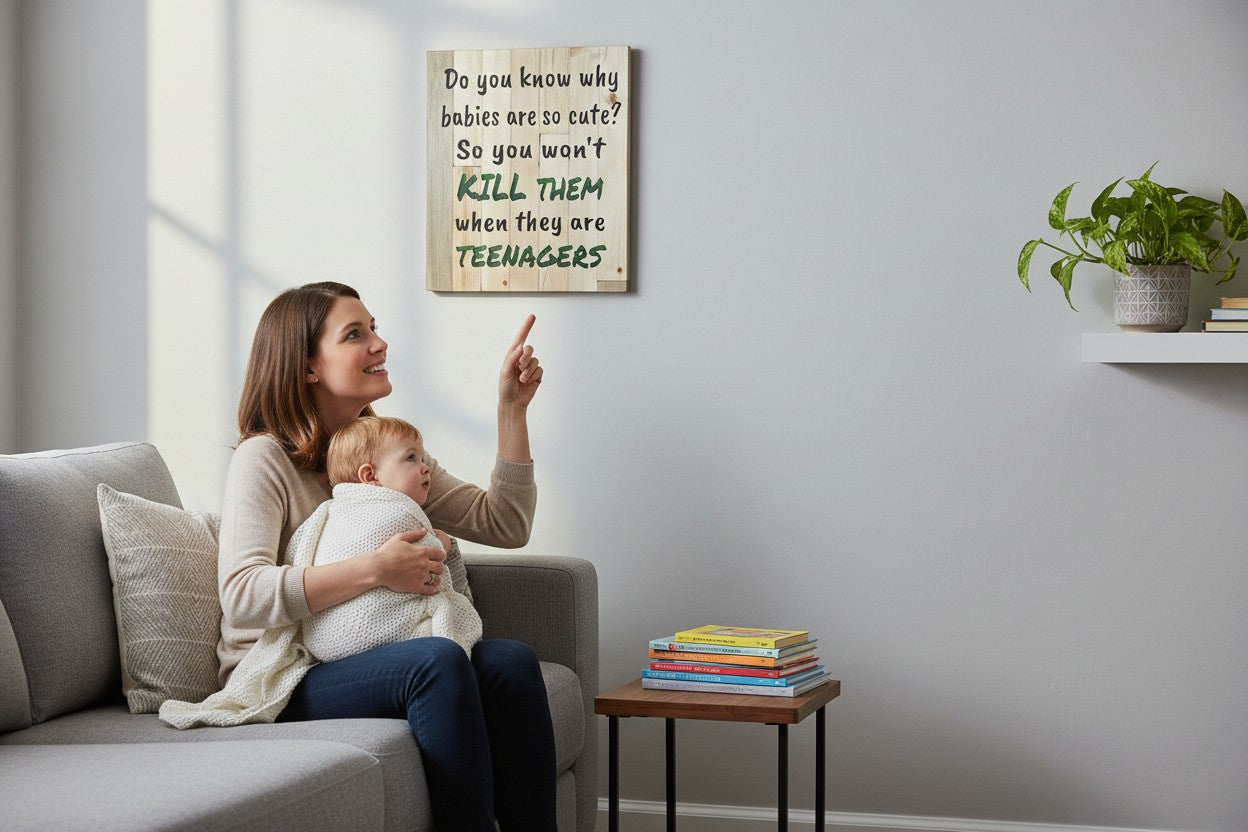 TK Wood Designs wooden sign with text: Do you know why babies are so cute? So you won't KILL THEM when they are TEENAGERS. Natural wood finish.