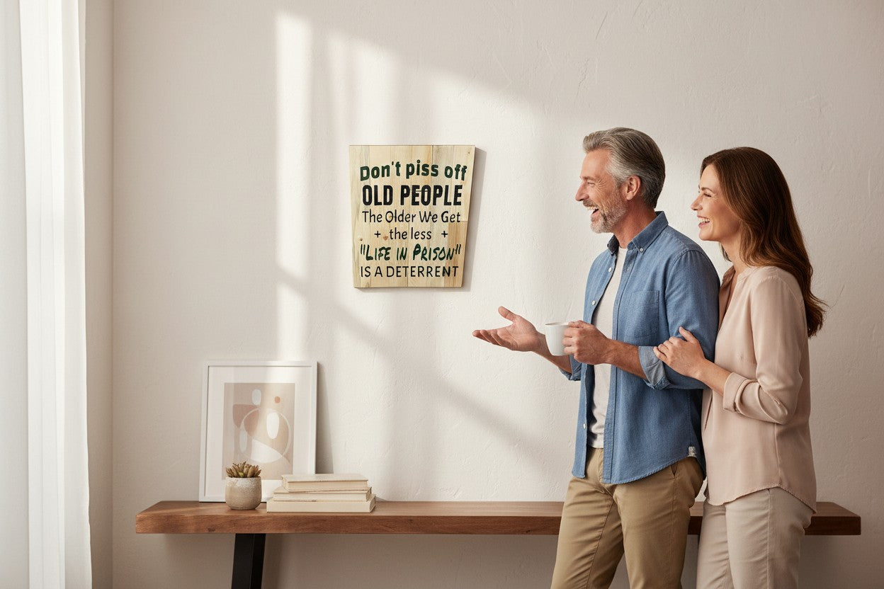 TK Wood Designs rustic wood sign with humorous quote: "Don't piss off old people. The older we get + the less + 'LIFE IN PRISON' IS A DETERRENT".
