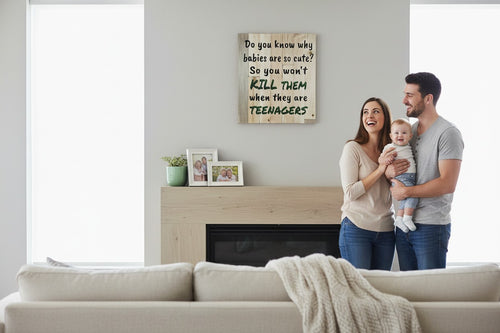 TK Wood Designs wooden sign with a humorous quote about babies and teenagers. Natural wood plank design.