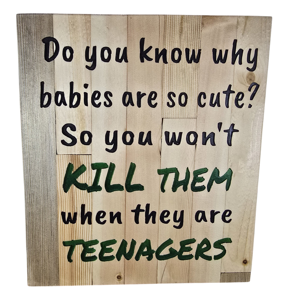 TK Wood Designs rustic wood sign with humorous quote about babies and teenagers. Natural wood planks with black and green lettering.