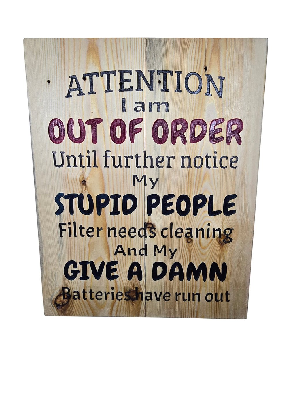 TK Wood Designs rustic wood sign with humorous quote about needing a break and low batteries. Natural wood finish.