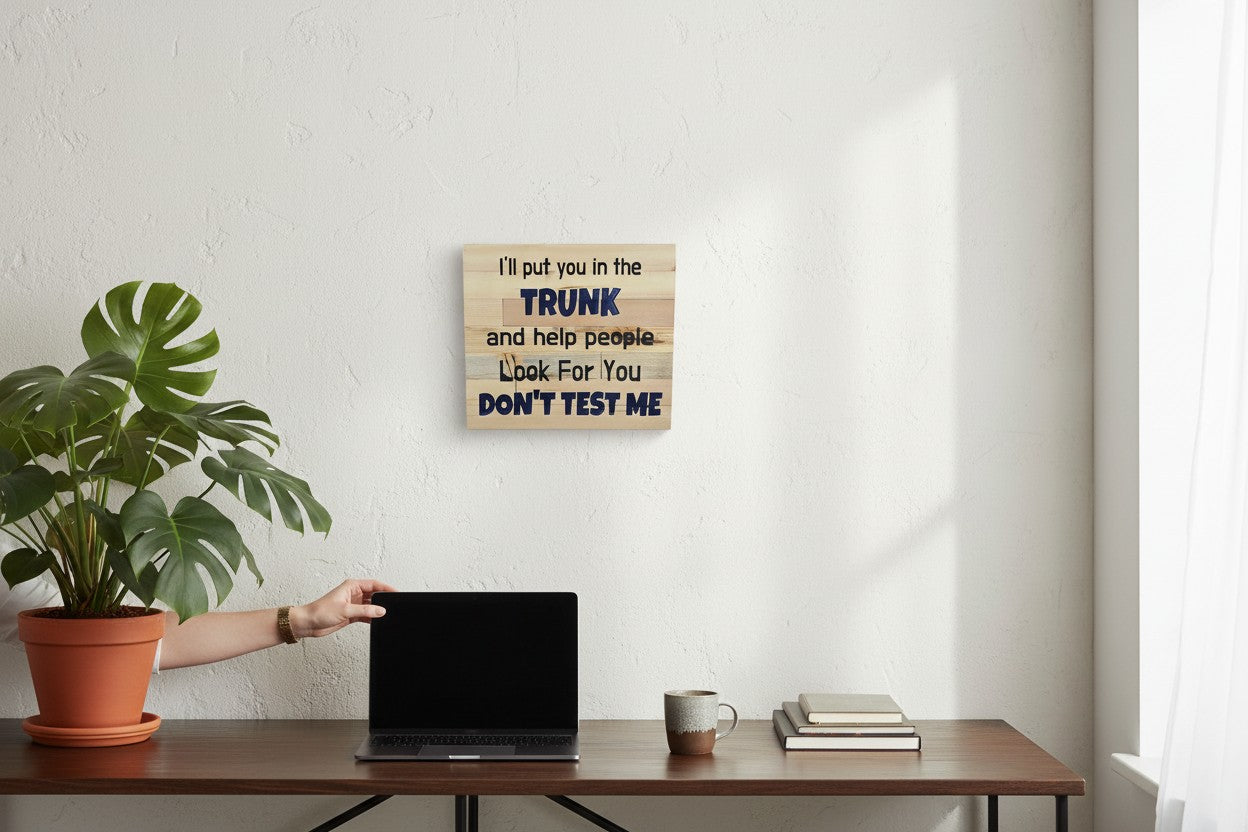 TK Wood Designs humorous wooden sign with dark blue text: "I'll put you in the TRUNK and help people Look For You DON'T TEST ME"