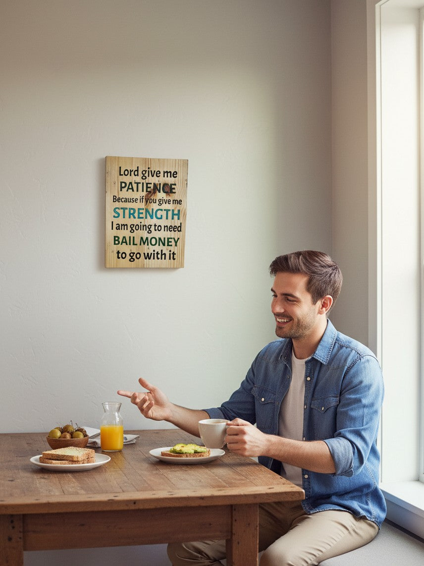 TK Wood Designs humorous wooden wall sign with witty text hanging above a man eating breakfast at a rustic table.