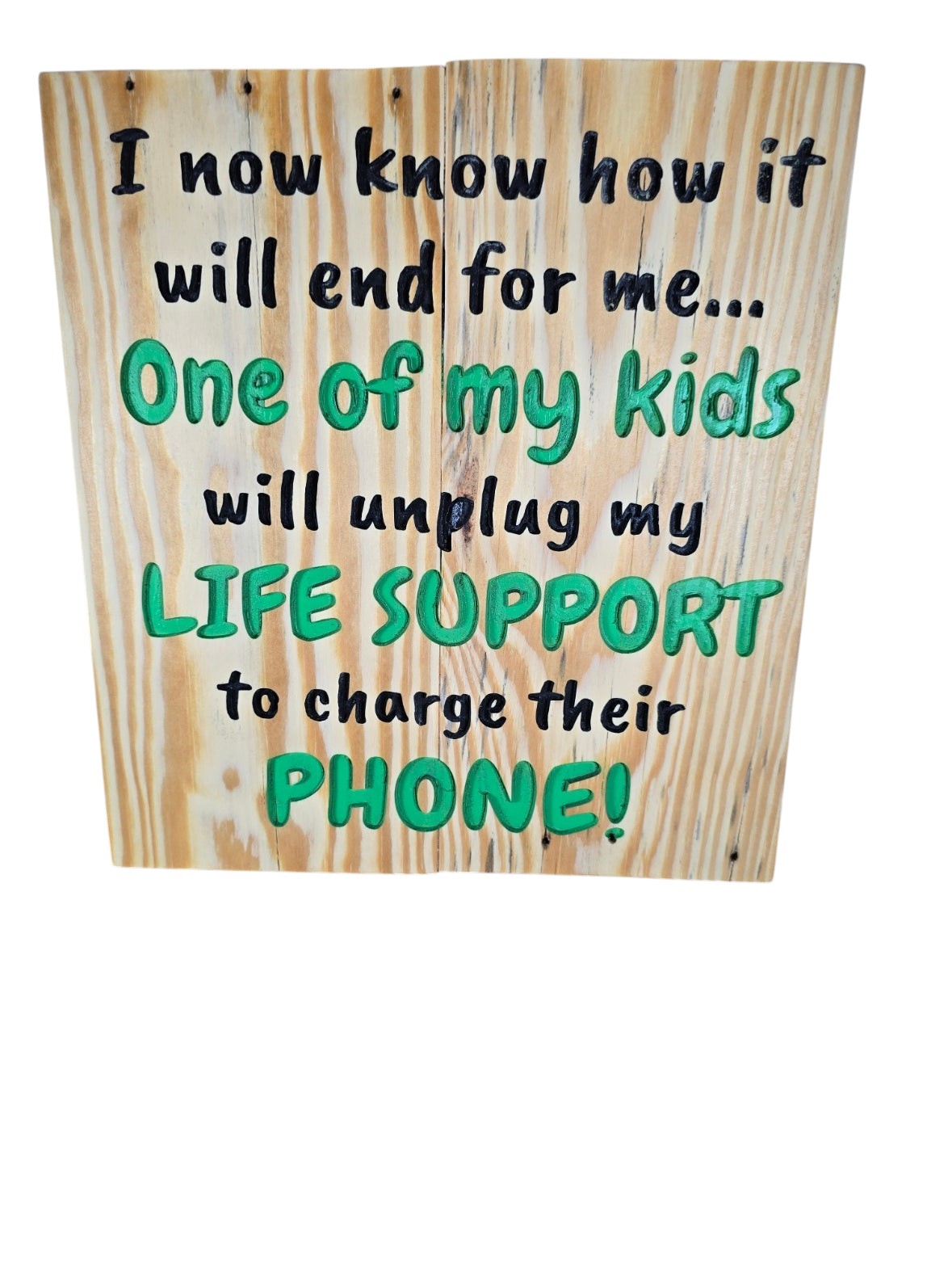 TK Wood Designs wooden sign with humorous text about kids and life support in black and green raised lettering.