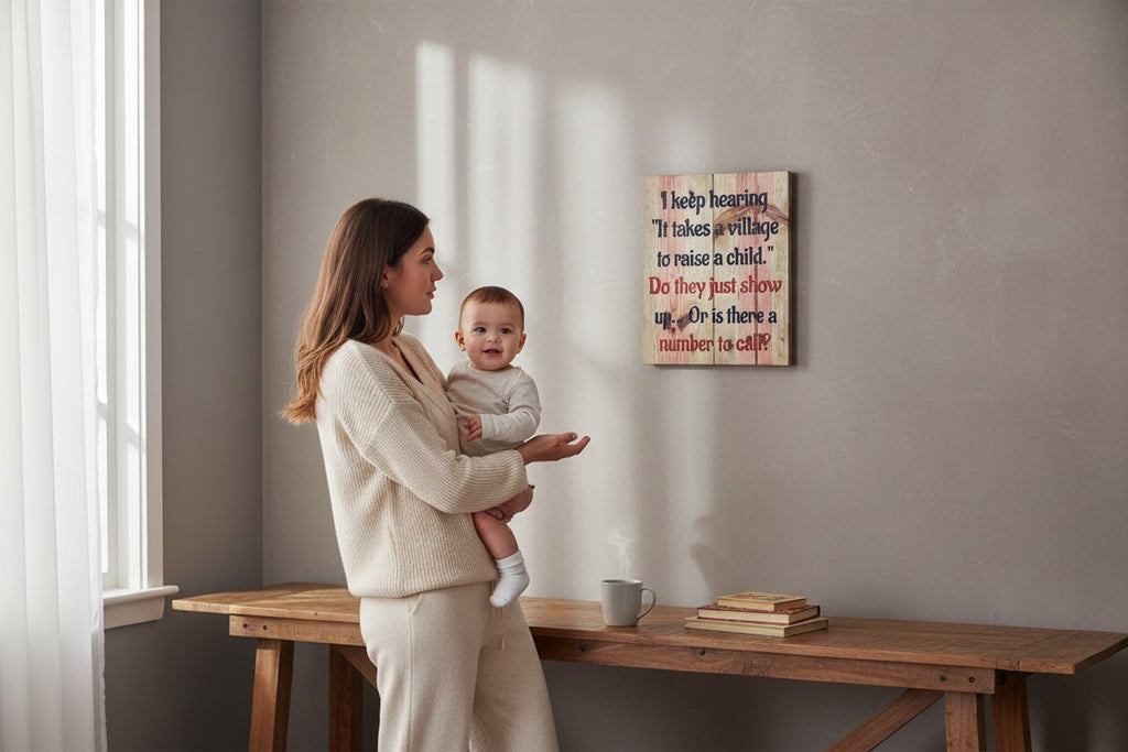 TK Wood Designs rustic wooden wall sign with a humorous parenting quote hanging in a cozy home interior.