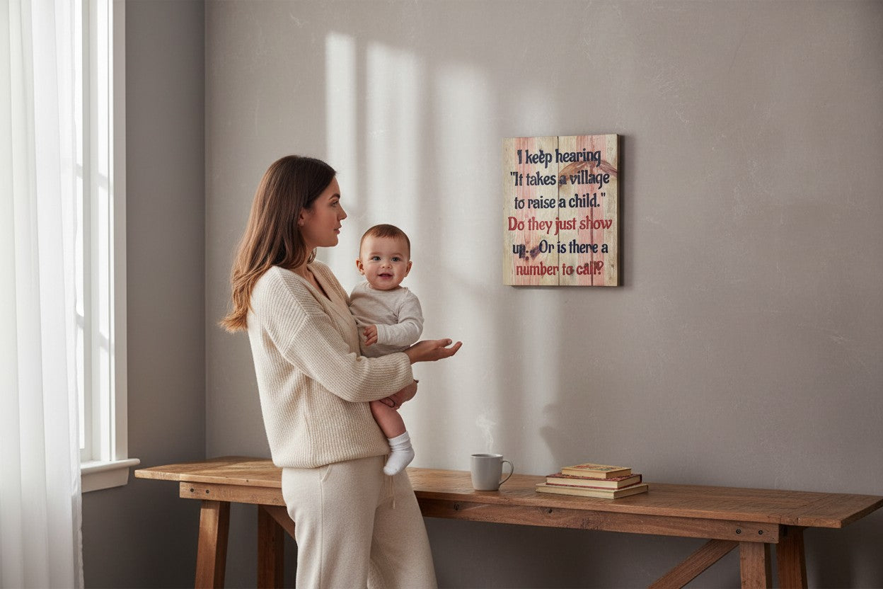 TK Wood Designs rustic wooden wall sign with a humorous parenting quote hanging in a cozy home interior.