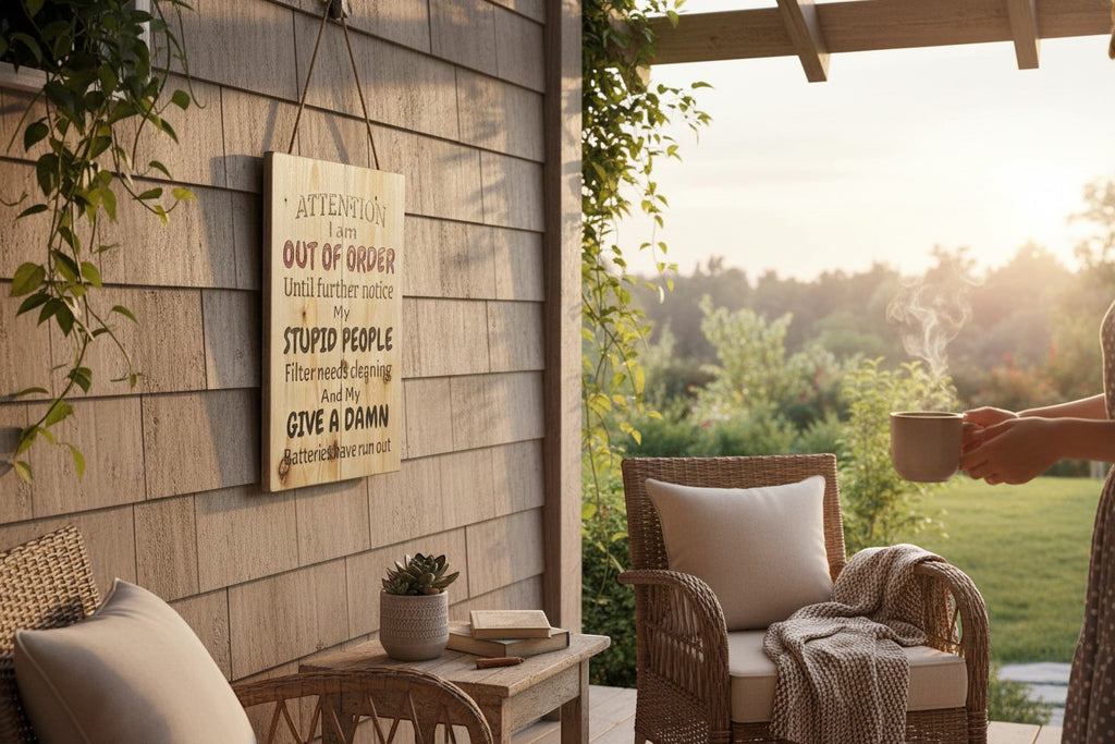 TK Wood Designs rustic wooden sign with humorous quote about being out of order and low batteries.
