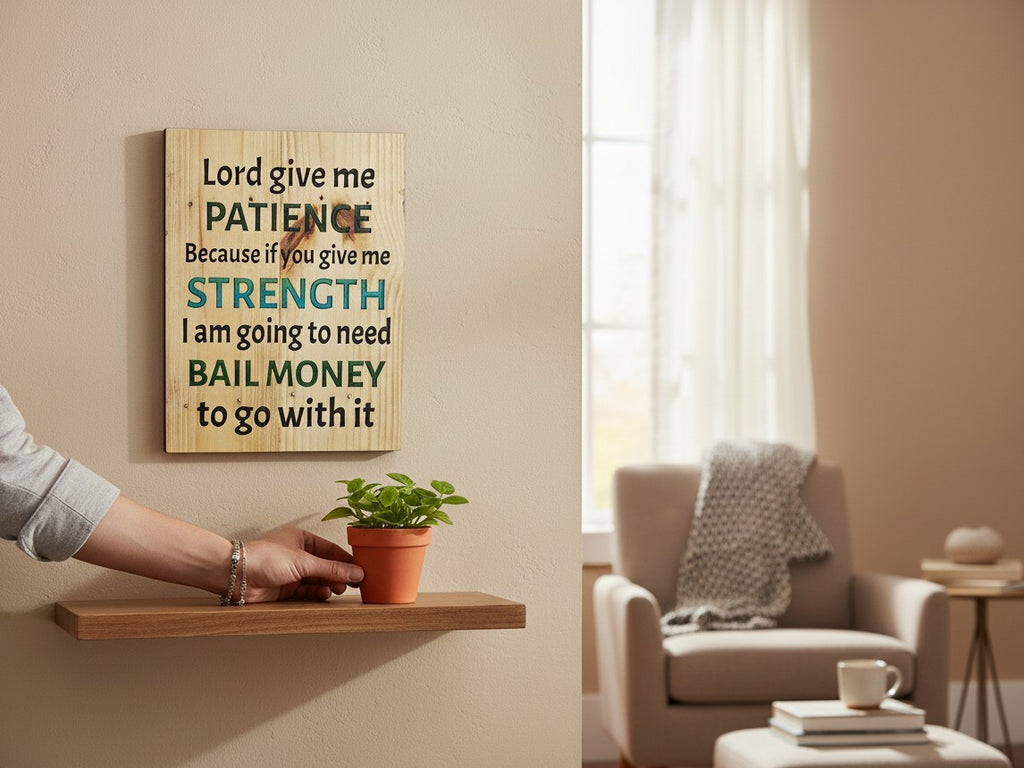 TK Wood Designs rustic wooden wall sign with humorous quote in black, green, and teal text hanging on a beige wall.