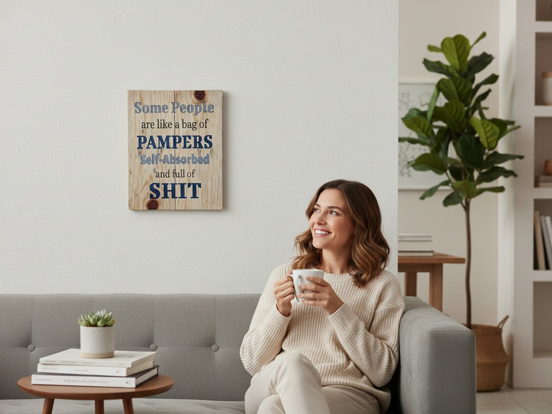 TK Wood Designs humorous wooden wall sign with witty text hanging in a modern living room with a woman on a sofa.