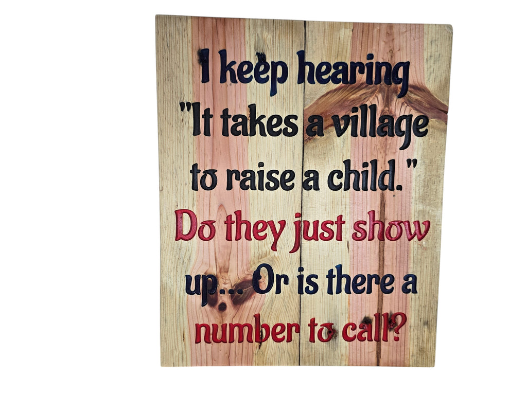 TK Wood Designs rustic wooden wall sign with a humorous parenting quote carved in black and red lettering.