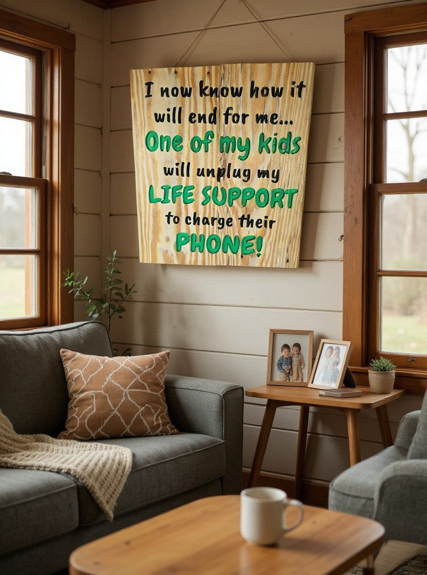 TK Wood Designs humorous wooden wall sign with witty text about kids and phone charging in a rustic living room