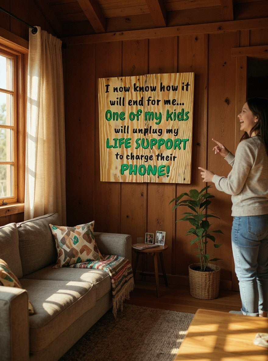 TK Wood Designs rustic wooden wall sign with humorous text about kids and phone charging hanging in a cozy living room