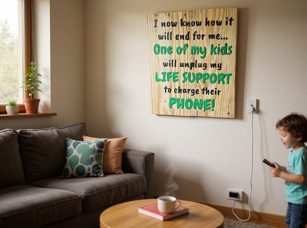 TK Wood Designs handcrafted wooden wall sign with humorous parenting quote about kids charging phones in a living room