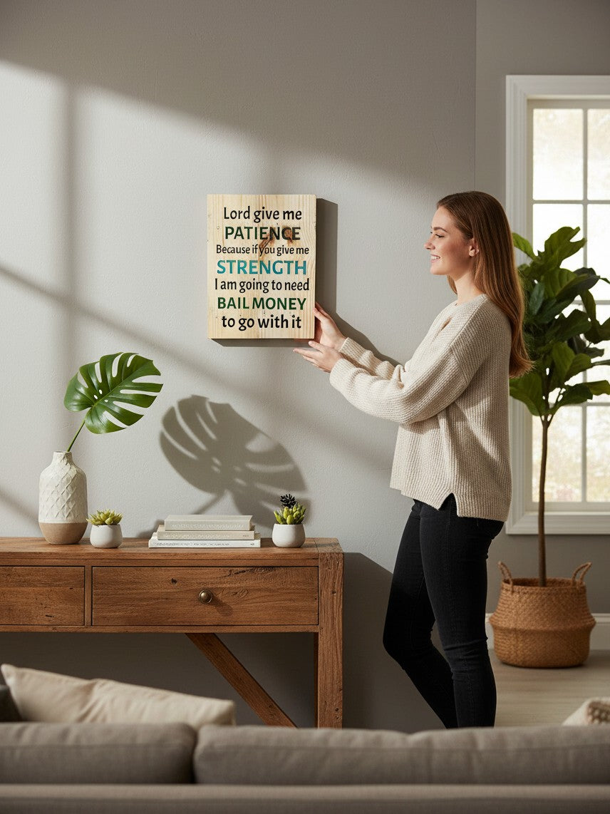 Woman hanging a TK Wood Designs rustic wooden sign with humorous quote in a modern living room.