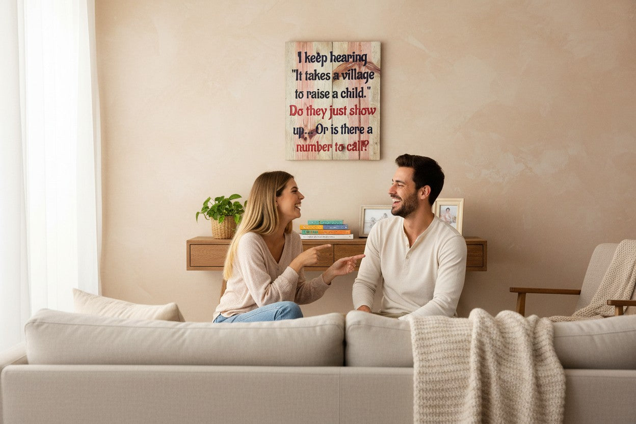 TK Wood Designs rustic wooden wall sign with humorous parenting quote hanging in a cozy living room with a couple.