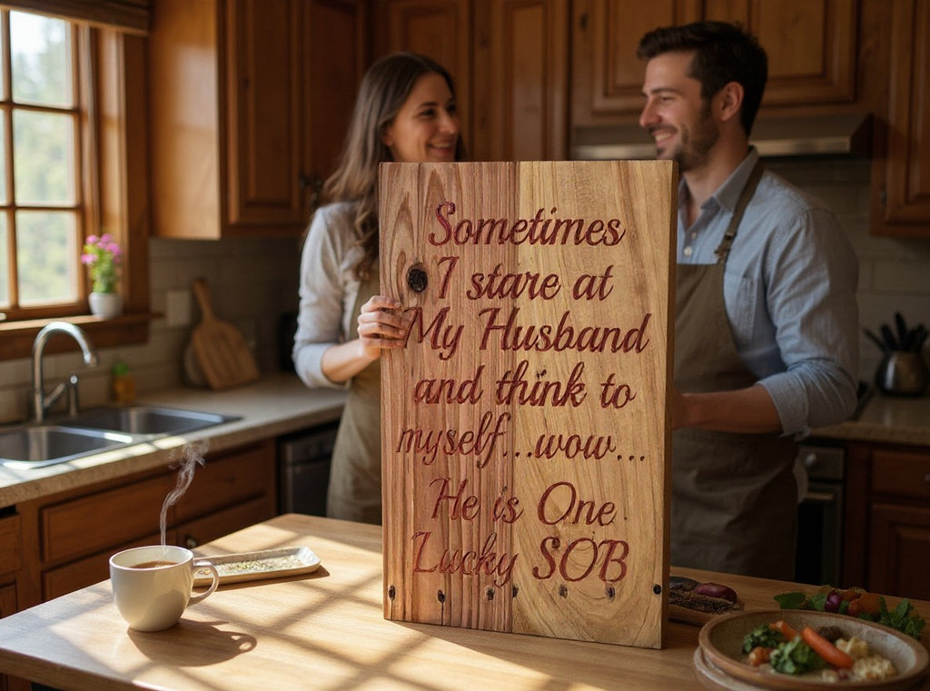 TK Wood Designs handcrafted wooden wall sign with a humorous quote, displayed in a rustic kitchen by a smiling couple.
