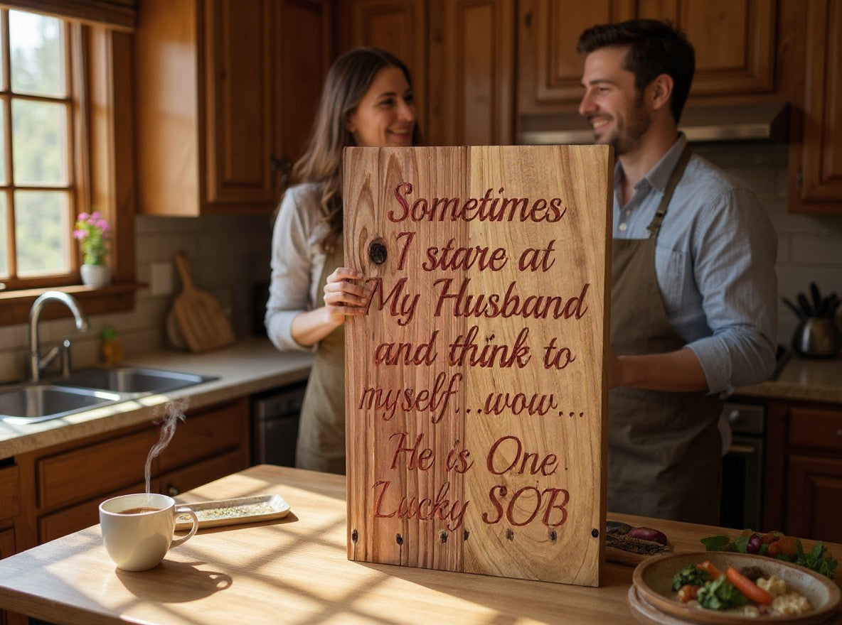 TK Wood Designs handcrafted wooden wall sign with a humorous quote, displayed in a rustic kitchen by a smiling couple.