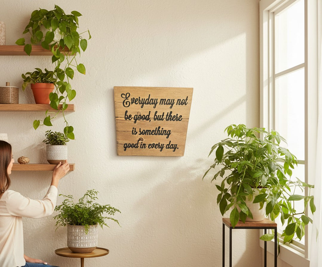 TK Wood Designs wooden sign with carved black text reading "Everyday may not be good, but there is something good in every day."