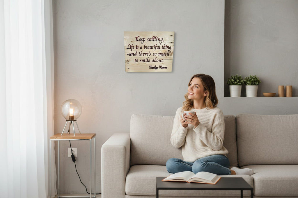 TK Wood Designs natural wood sign with "Keep smiling, Life is a beautiful thing" quote in elegant script.