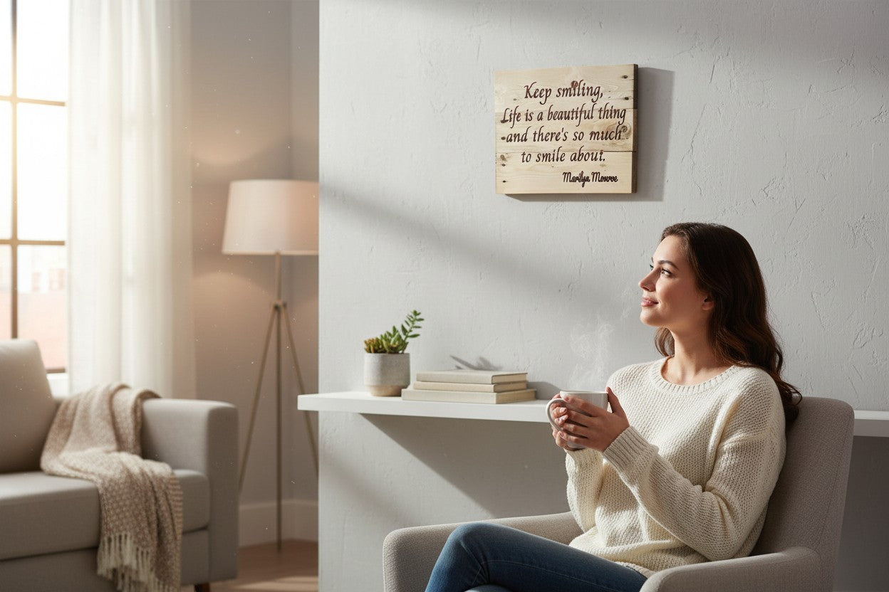 TK Wood Designs natural wood sign with "Keep smiling, Life is a beautiful thing" quote in elegant script.