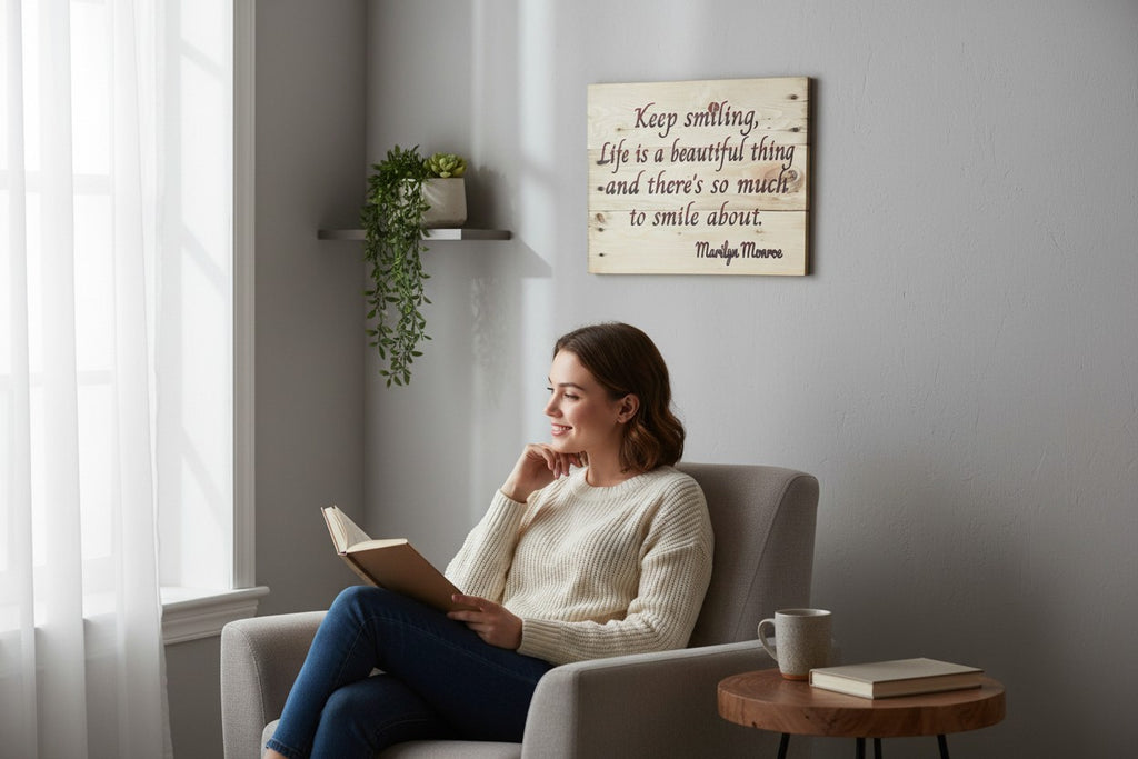 TK Wood Designs natural wood sign with "Keep smiling, Life is a beautiful thing" quote in elegant script.