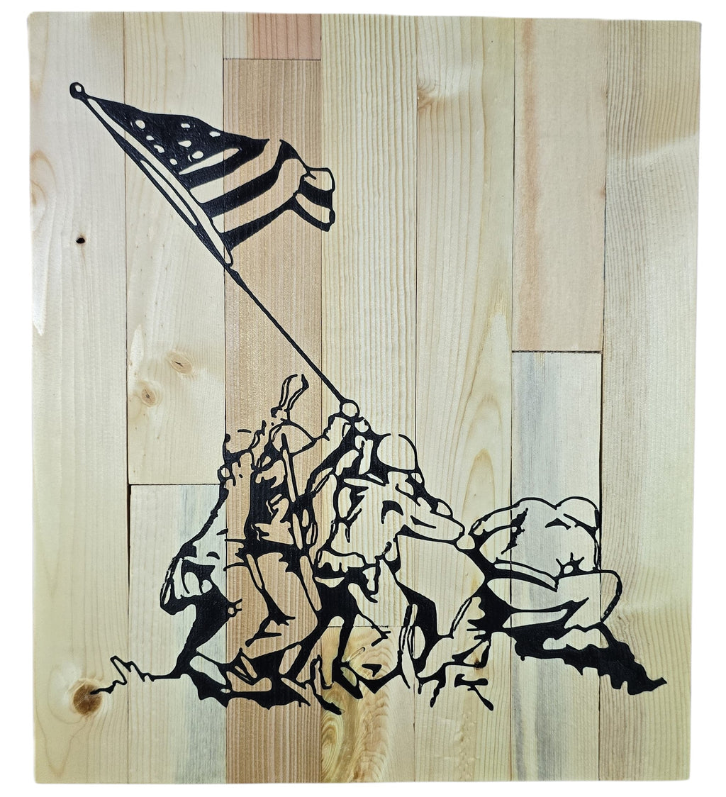 TK Wood Designs Raising the Flag on Iwo Jima wood wall art, black silhouette on natural wood planks.