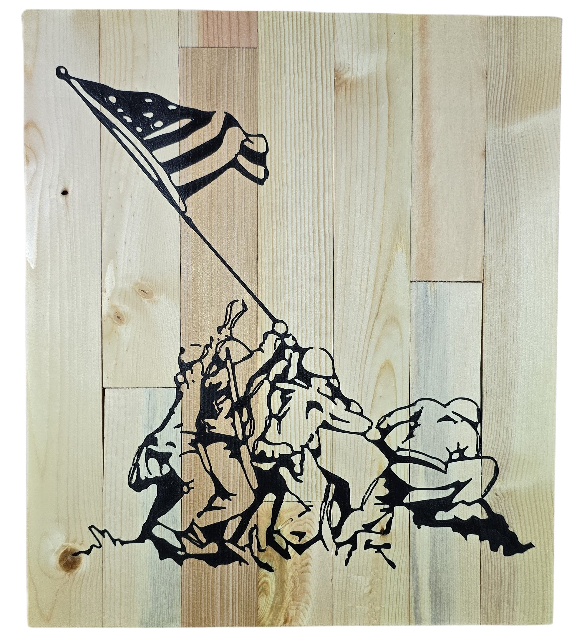 TK Wood Designs Raising the Flag on Iwo Jima wood wall art, black silhouette on natural wood planks.