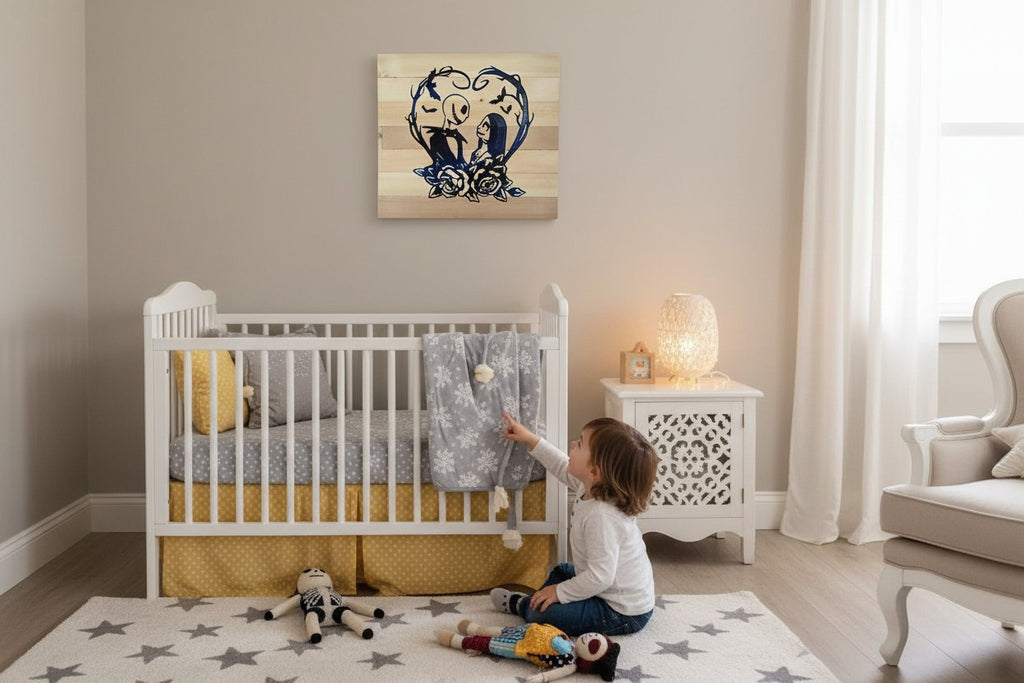 TK Wood Designs Jack and Sally wooden sign with navy blue silhouette art on natural wood planks.