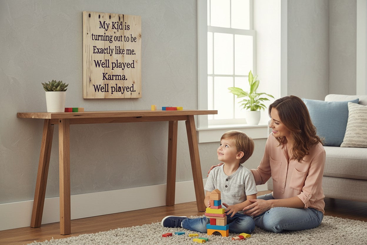 TK Wood Designs wooden sign with purple text reading "My Kid is turning out to be Exactly like me. Well played Karma. Well played."