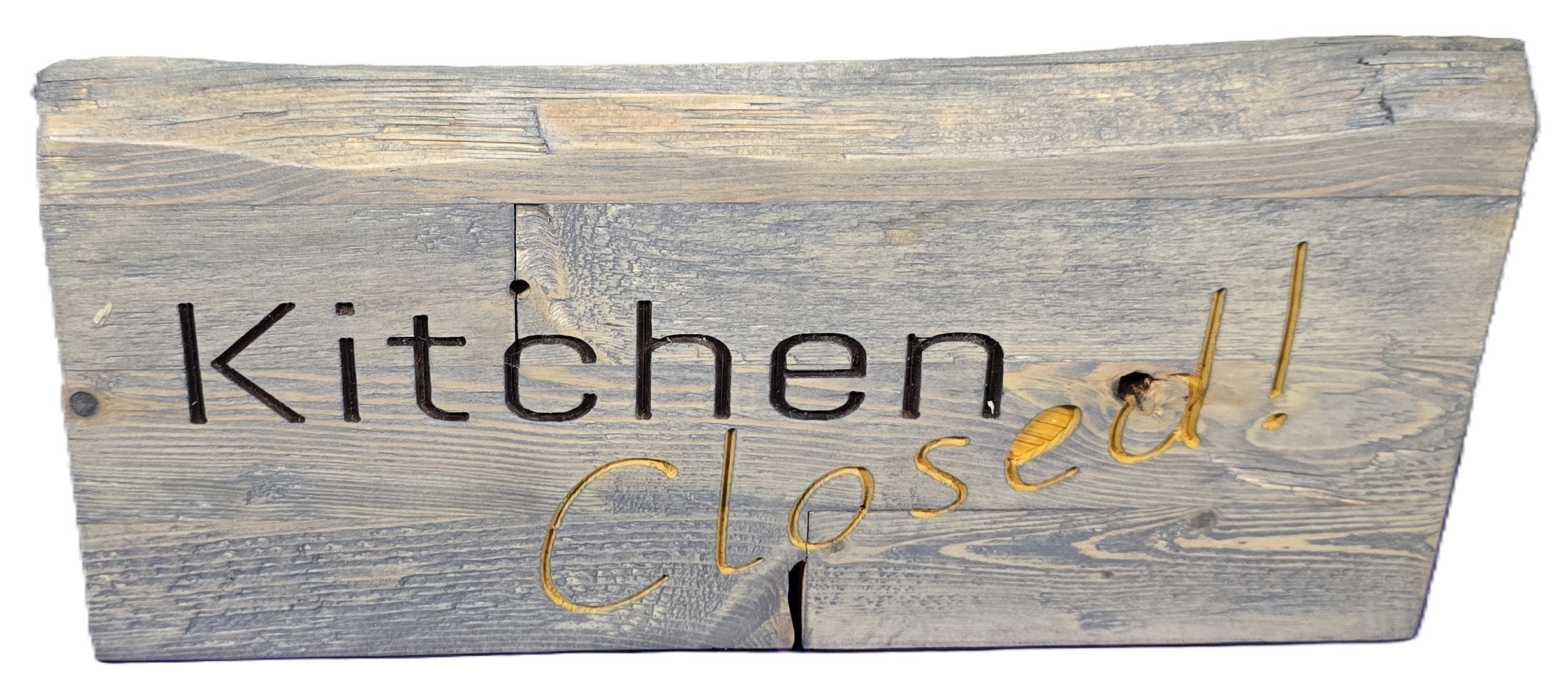 TK Wood Designs rustic grey wooden sign with carved "Kitchen Closed!" text in black and gold.