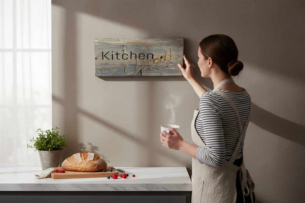 TK Wood Designs rustic wooden sign with "Kitchen Closed!" carved into distressed grey wood.